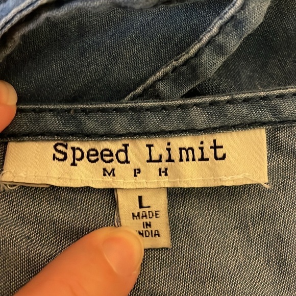 Speed limit women large 12 14 dress mini Blue Denim Jean cut out sides fit flare - Picture 8 of 10